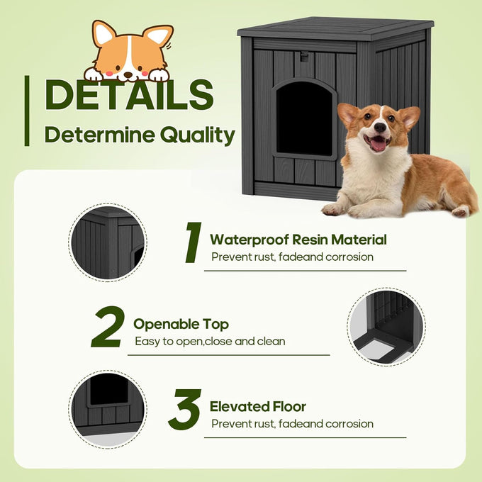 DRATO resin material dog house, multi-functional pet house for small to medium dog, black, medium size