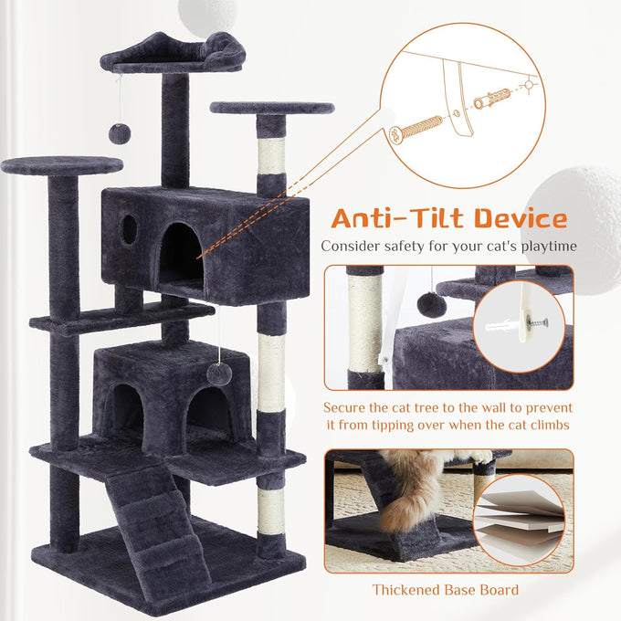 dark grey sweetcrispy 54 inch cat tree tower with scratching post and climbing ladder
