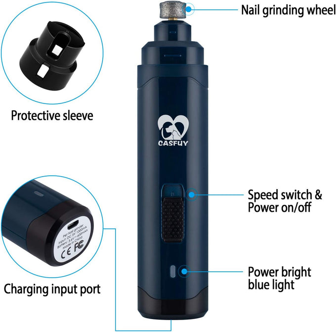 Casfuy 2-Speed Professional Electric Pet Nail Trimmer for Small Medium Large Dogs & Cats Dark Blue