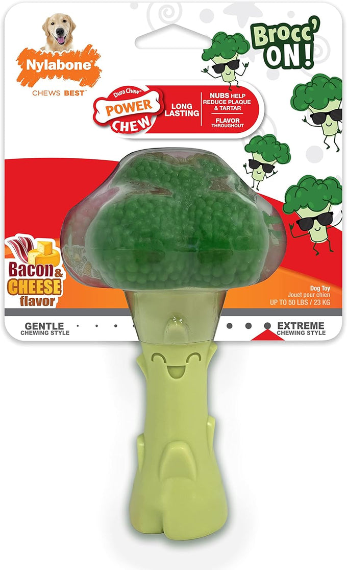 Nylabone Broccoli Power Chew Toy for Large Dogs, Bacon & Cheese Flavor, Up to 50 lbs