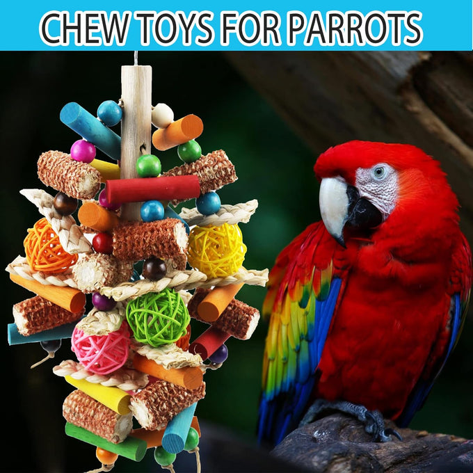 Parrot toys for large birds, natural peppered wood, African Grey, Macaws, Cockatoos, Amazon Parrot chew toys, aviary hanging accessories