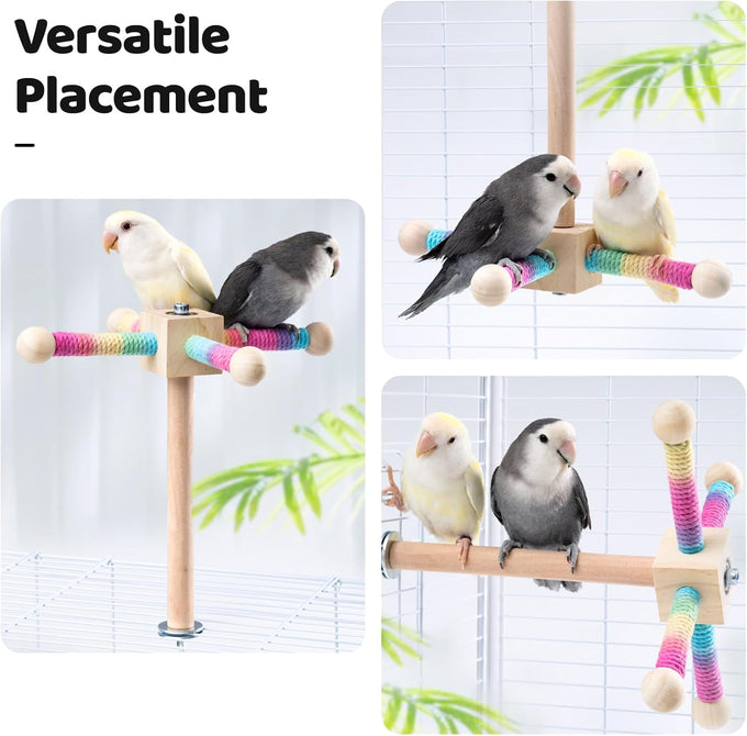 9" Wooden Bird Perch Toy for Cage, 360° Silent Free-Spin, Natural Material, Reduces Boredom Anxiety, for Small to Medium Birds, with Poplar Swing