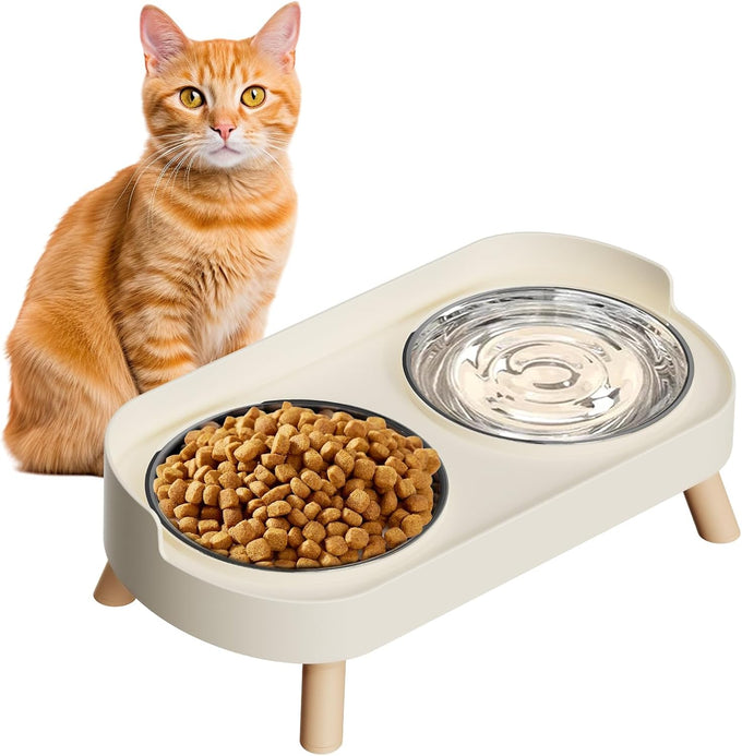 Elevated White Stainless Steel Cat Bowl Set for Indoor Cats with Whisker Fatigue Reduction and Dishwasher Safe -
