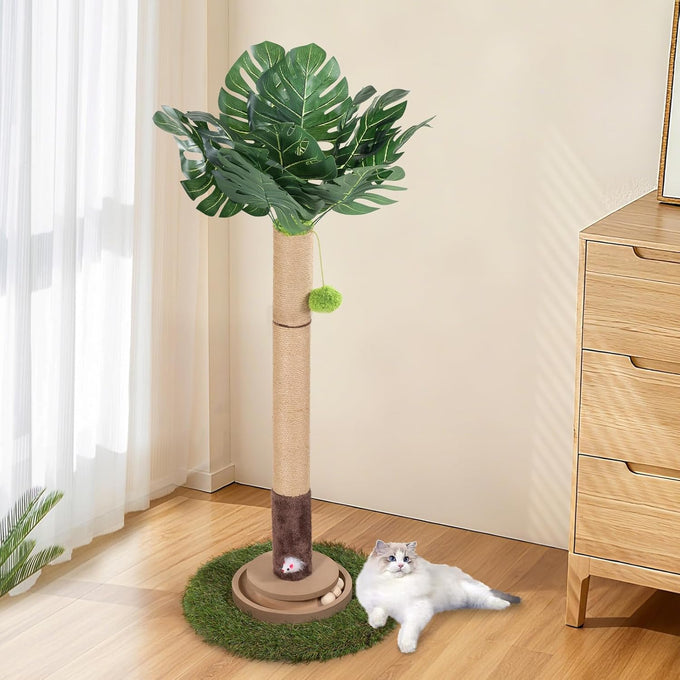 Monstera 41in Cat Scratching Post with Sisal Rope Tower and Hanging Mouse Toy for Indoor Adult Cats