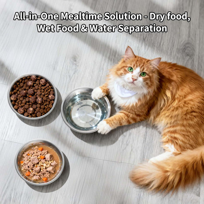 tifanso 6pcs stainless steel cat bowls, 5.6" shallow wide whisker friendly metal feeding dish set, kitten plates, dishwasher safe