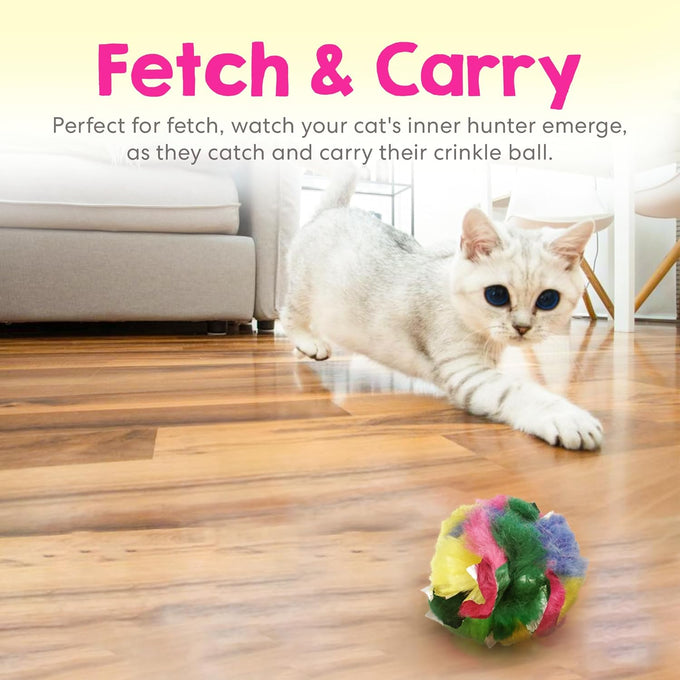 Soft Crinkle Cat Toy Balls 4 Pack - Fuzzy Pom Balls for Indoor Cats & Kittens Made in Canada