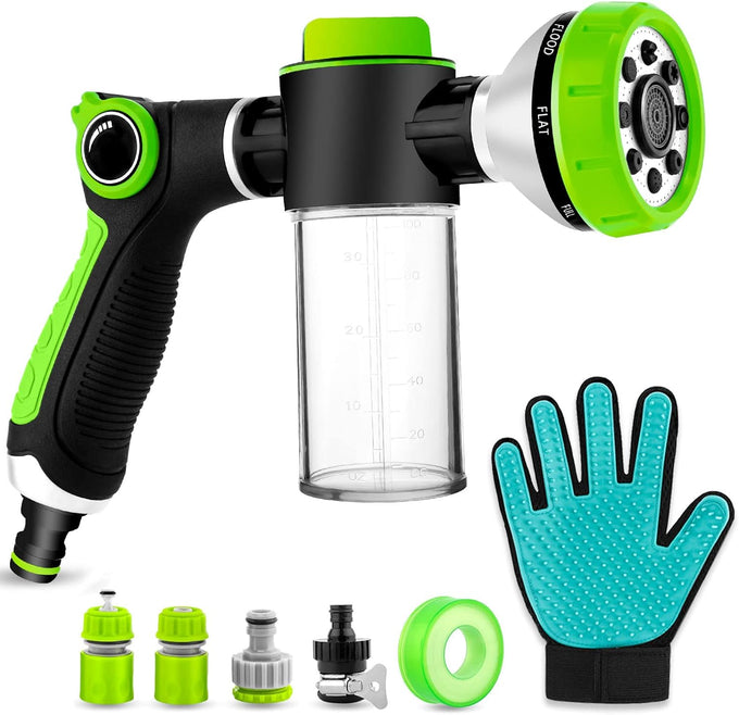 Upgraded 8-in-1 Zinc Alloy Dog Wash Hose Nozzle with 100cc Soap Dispenser and Pet Grooming Glove