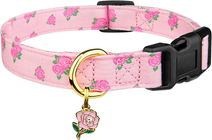 Cotton Handmade Dog Collar - White and Pink Love Heart Pattern - Adjustable - Safe for Girl and Boy Dogs