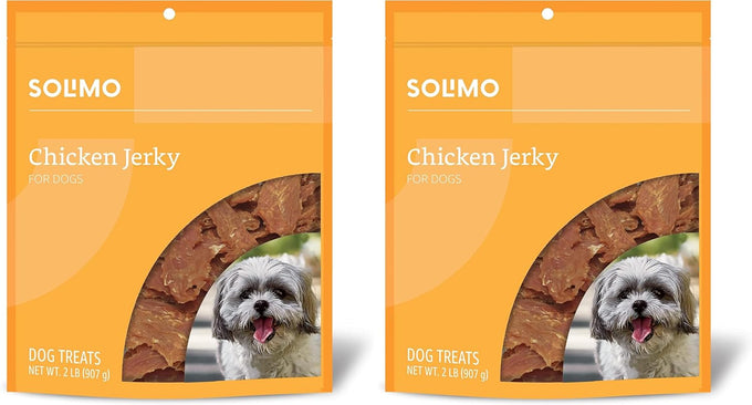 Solimo Amazon brand duck jerky dog treats, 2 pounds, no corn, wheat, soy or gluten
