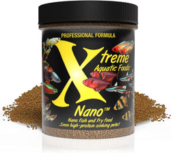 Xtreme Nano 0.5mm sinking pellets for community fish like tetras, barbs, and guppies, high-protein krill-based formula with vitamins and minerals, made in the usa