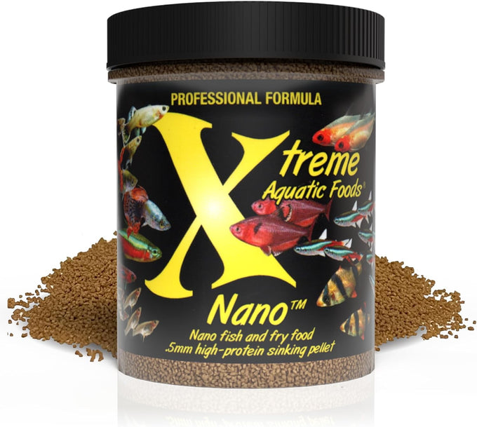 Xtreme Nano 0.5mm sinking pellets for community fish like tetras, barbs, and guppies, high-protein krill-based formula with vitamins and minerals, made in the usa