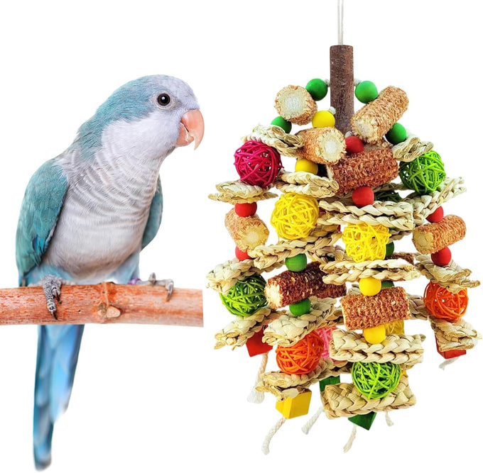 Natural Parrot Chew Toy for Conures, Quaker Parrots, with Seagrass, Corn Cob, and Wooden Beads