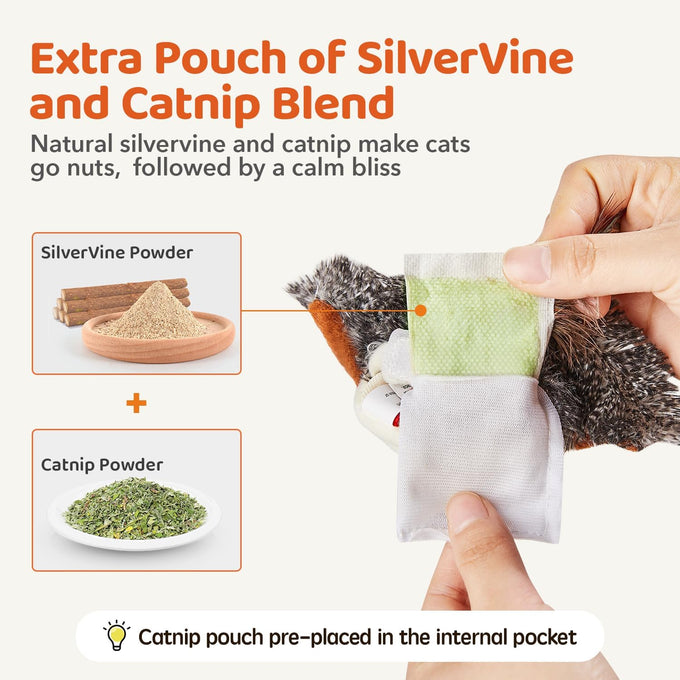 Potaroma rechargeable sparrow cat toy, 4.0 inches, lifelike chirp, touch activated, USB chargeable, soft plush, catnip pouch