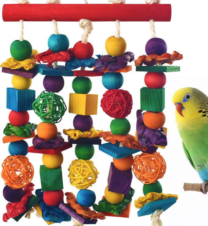 dbness bird toys, natural wooden blocks, parakeet chewing toy for small to medium macaw cockatoos budgie lovebird cockatiel conures 13.4x5.9 inches adjustable