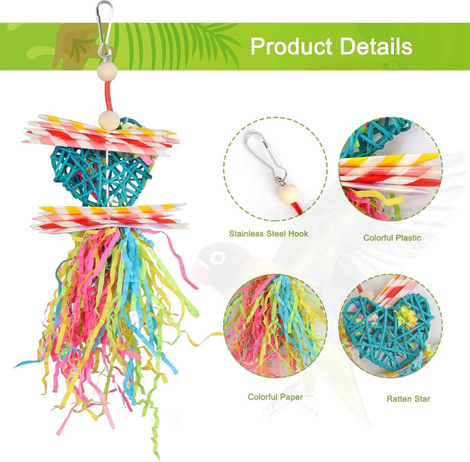 Yuepet 4-pack small parrot chewing toys with natural components, crinkle shred, and colorful beads for parakeets, parrotlets, lovebirds, and cockatiels