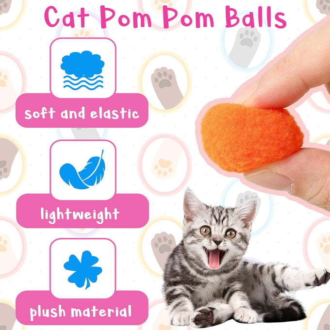 2 Cat Toy Launchers & 100 Cat Pom Pom Balls in Macaroon Colors, Silent Plush Elastic Balls for Kitty