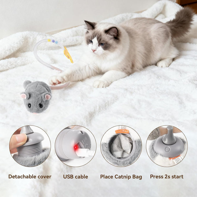 Migipaws Interactive MigiMouse Cat Toy, 360° Rolling & Spin, Grey, Rechargeable Plush Kitten Toy with Smart Motion Sensor and Realistic Squeak
