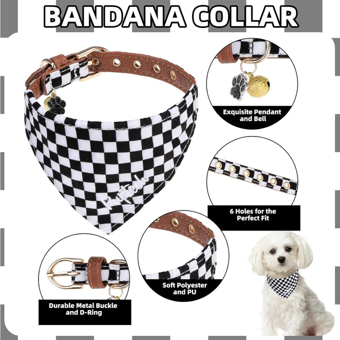 PupTecK 3-Pack Adjustable Soft Leather Dog Collar and Leash Set with Bow Tie and Bells, Black & White Checkered, Small Dogs and Cats Accessories
