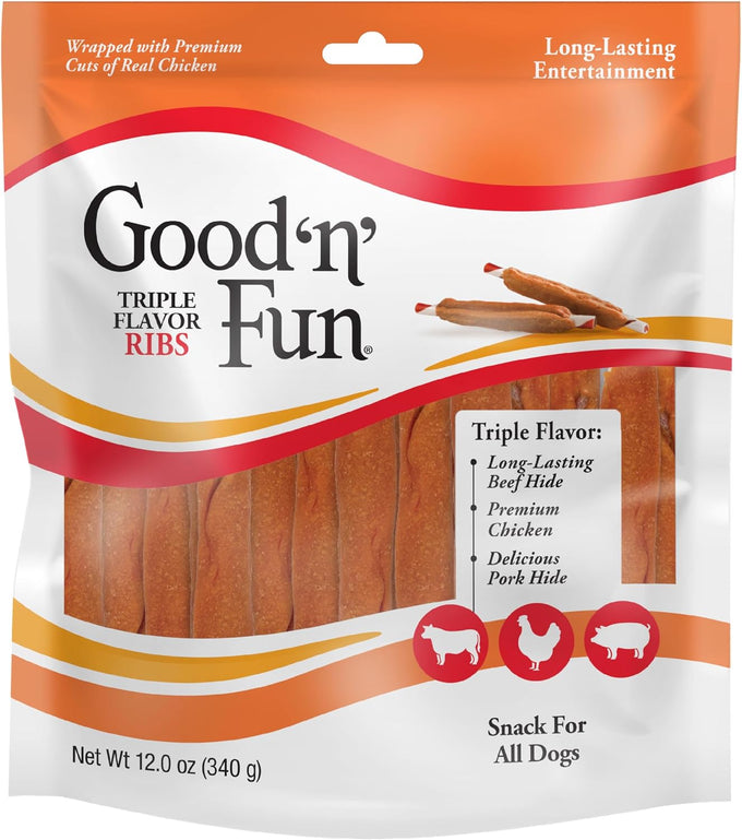 Good 'n' Fun Triple Flavor Ribs Chews for All Dogs, 24 Ounces Beef Hide Chicken Pork Treats