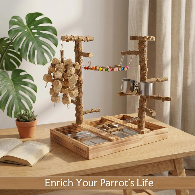 Natural real wood bird perch stand for small to medium birds, multi-layer parrot playground gym with feeding cups and toys