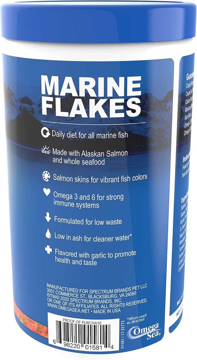 Omega One Garlic Marine Flakes for saltwater fish, 5.3 oz, sinking flakes with omega 3 fatty acids and natural color enhancers