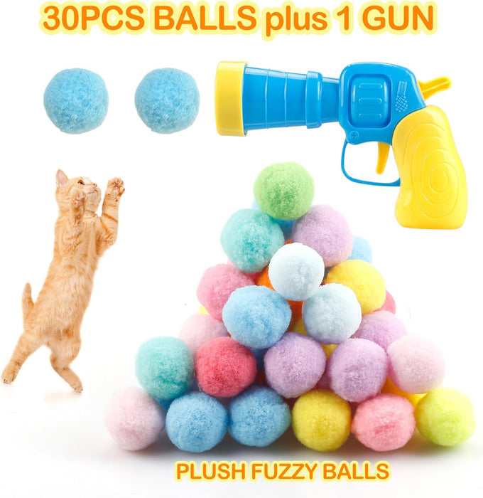 MeoHui 31Pcs Cat Ball Launcher Toy, 1 Gun, 30Pcs Plush Fuzzy Balls for Bored Indoor Cats