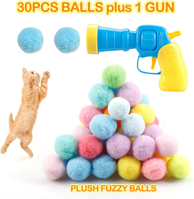 MeoHui 31Pcs Cat Ball Launcher Toy, 1 Gun, 30Pcs Plush Fuzzy Balls for Bored Indoor Cats