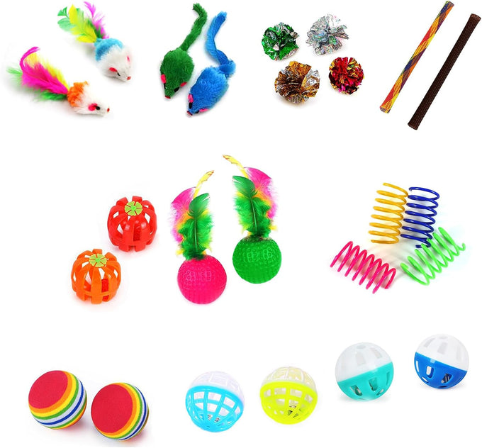 iCAGY interactive cat toy bundle for indoor cats, 25 pcs, 45 inches rainbow tunnel, colorful springs, feathers, balls, and mice