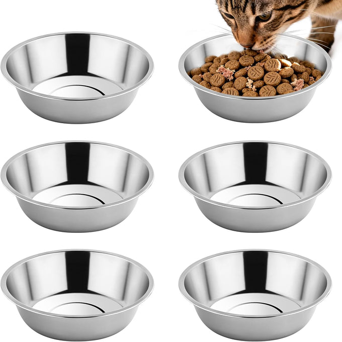 tifanso 6pcs stainless steel cat bowls, 5.6" shallow wide whisker friendly metal feeding dish set, kitten plates, dishwasher safe