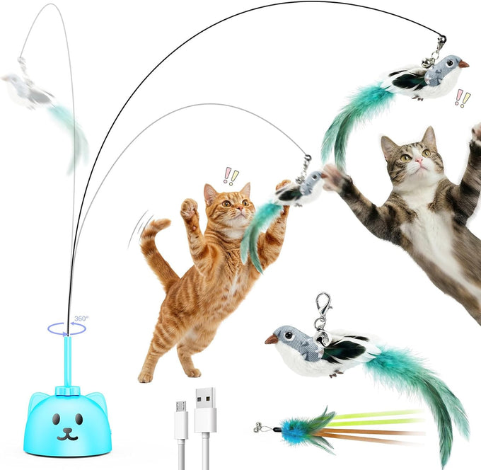 Automatic Flying Bird Feather Cat Toy for Indoor Cats with Sticky Suction Base and USB Rechargeable Electric Teaser