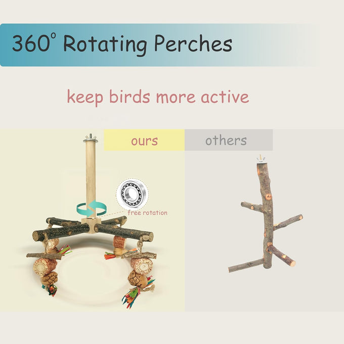 Bird Perch 360° Rotating Wooden Stand with Natural Chew Toys for Small Parrots and Conures