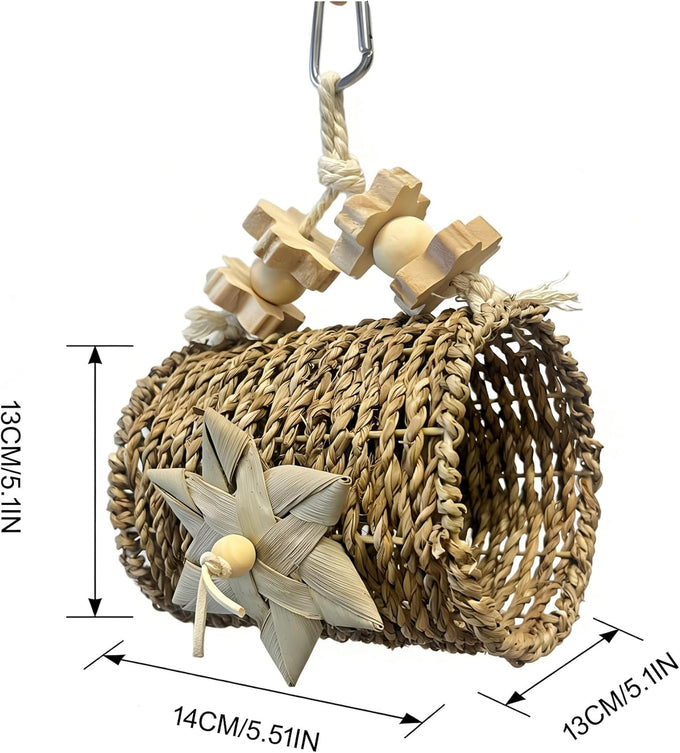parrot woven grass nest swing set with tunnel, wooden chew toys, bird cage hanging play accessories for parakeet cockatiel