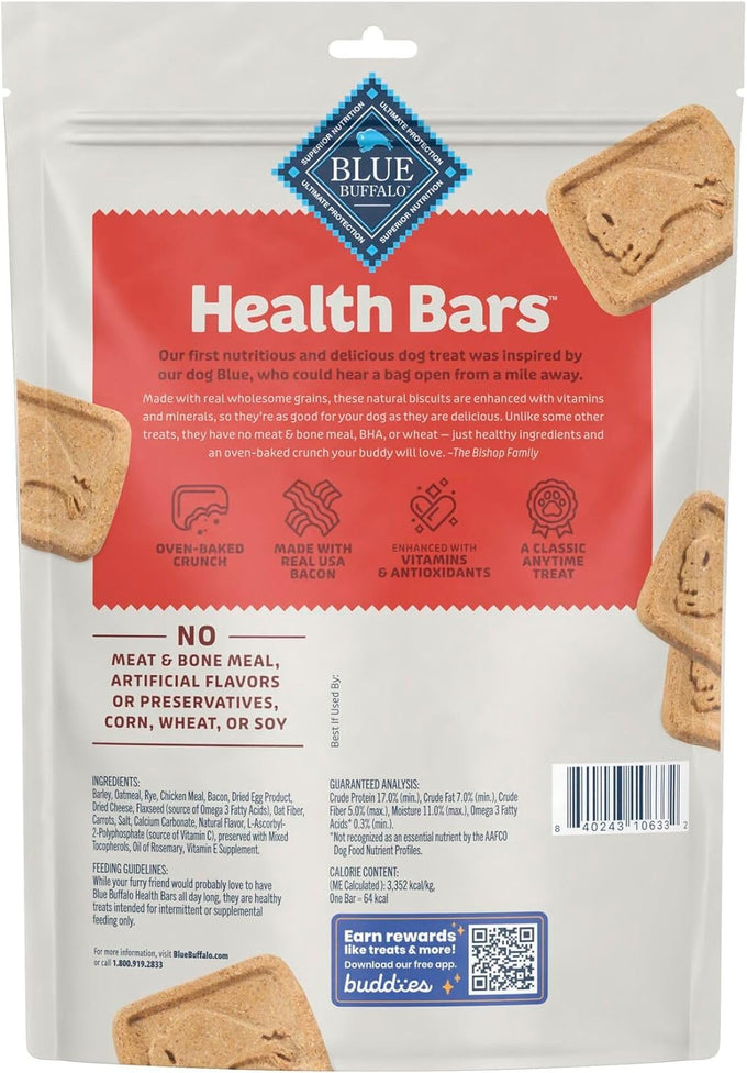 Blue Buffalo oven-baked crunchy dog biscuits with bacon, egg, and cheese, 16-oz bag, natural ingredients