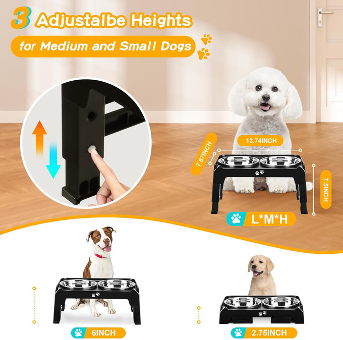 Comeso Elevated Dog Bowls for Small Medium Dogs with 3-Height Adjustable Stand and 2 Stainless Steel Bowls, Black
