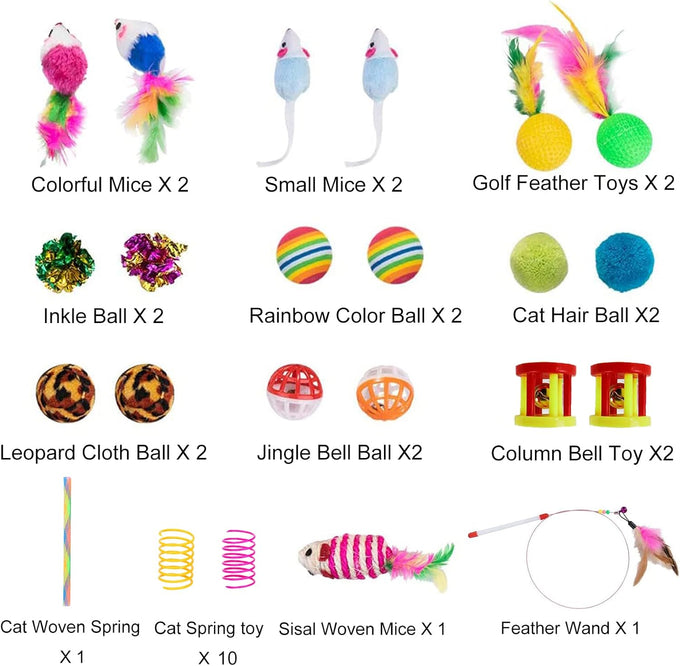32Pcs Cat Toys Kitten Interactive Pet Toys Assortments, Foldable Rainbow Tunnel, Teaser Wand Fluffy Mouse Crinkle Balls Bell Play for Kitty Cats