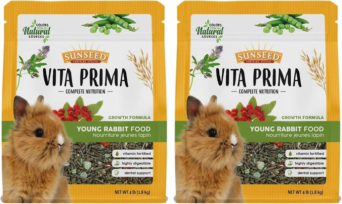 Sunseed Vita Prima young rabbit food, 4 lb, complete nutrition, premium fortified blend with timothy hay, no artificial colors or flavors