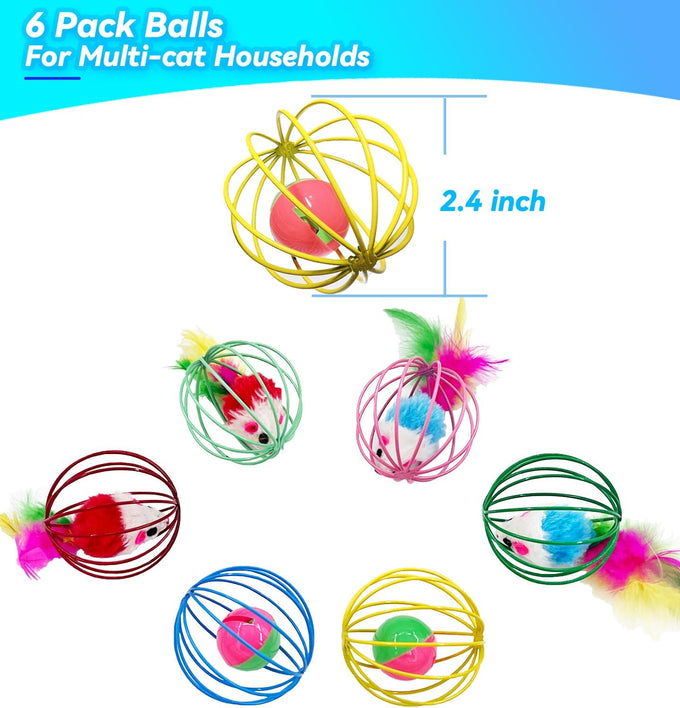 Cat Toys 6 Packs Interactive Metal Cage Balls for Indoor Cats, Mice, Bells, and Feather Mouse Toys
