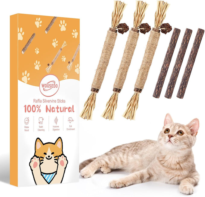 Wouseodo Natural Silvervine Sticks Cat Toy 6 Pack, Dental Care Teeth Cleaning,Matatabi Cat Nip Treat for Indoor Cats& Kittens