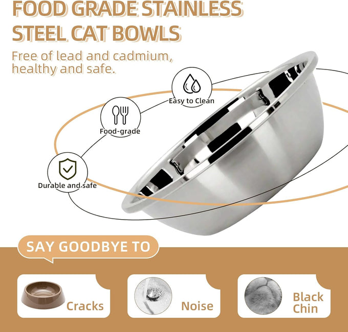 Elevated White Stainless Steel Cat Bowl Set for Indoor Cats with Whisker Fatigue Reduction and Dishwasher Safe -