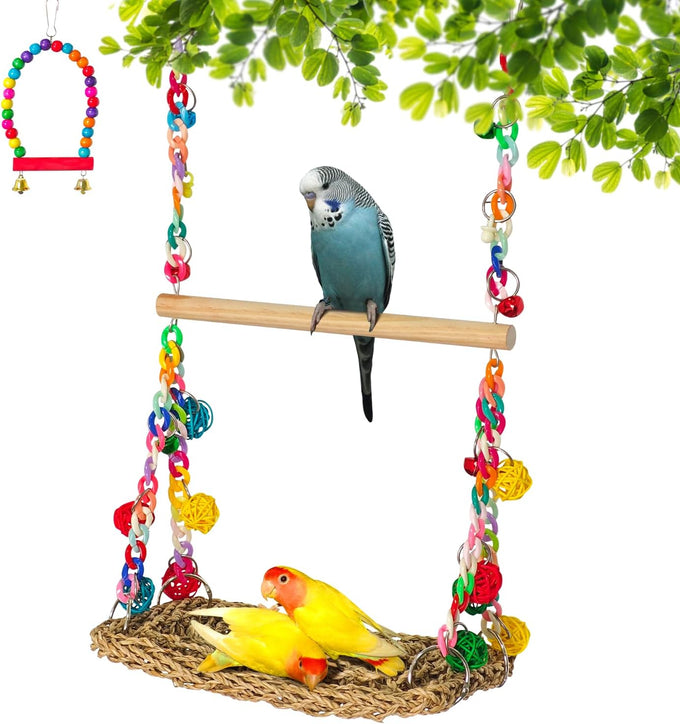 Natural Bird Swing Toys with Wood Perch for Parakeets, Budgies, Conures, Cockatiels, Lovebirds