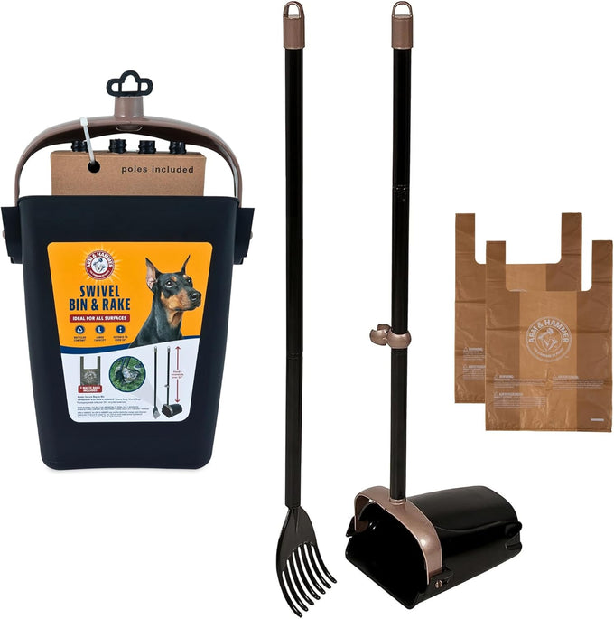 Arm & Hammer Dog Pooper Scooper Swivel Bin & Rake, Black, 32-inch Adjustable Handle, Heavy Duty Scented Waste Bags Included
