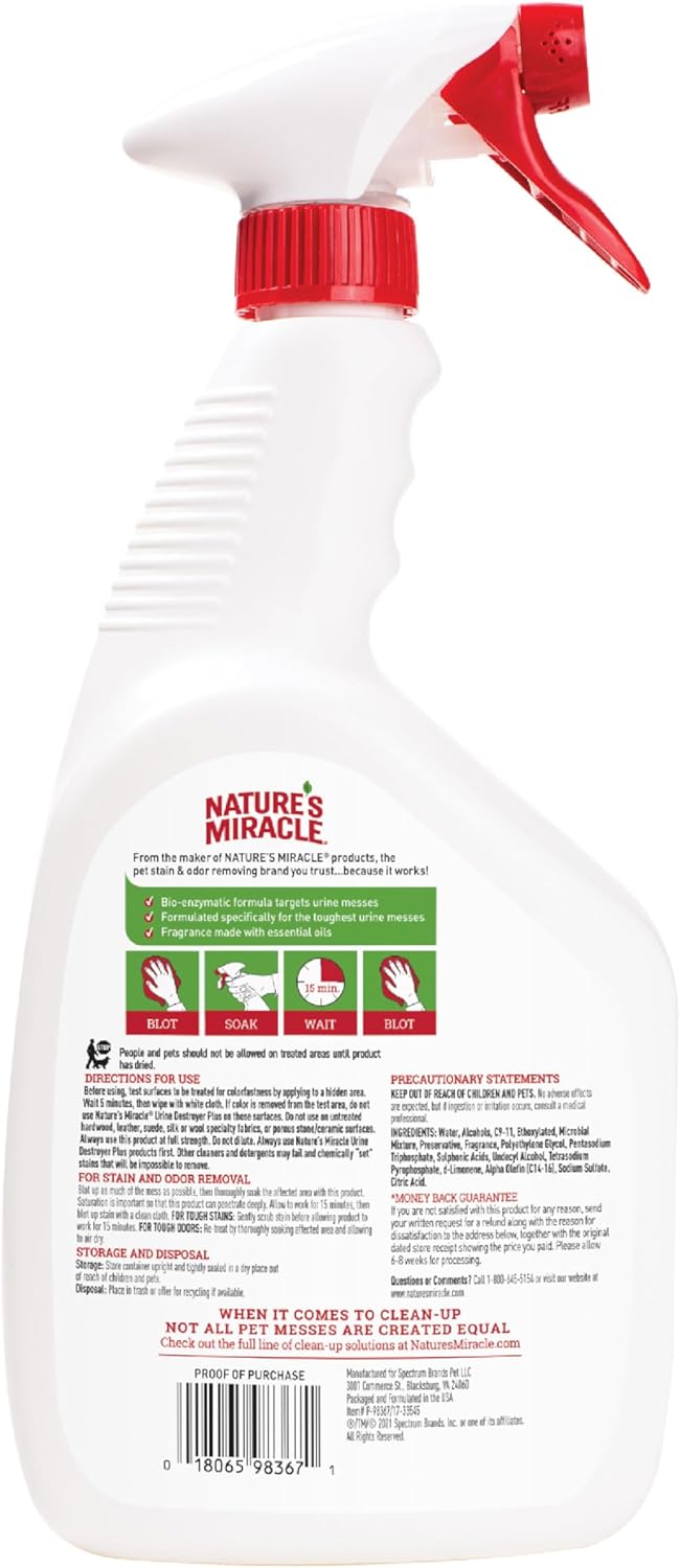 Nature's Miracle Urine Destroyer Plus for Cats, Enzymatic Formula, Ready-to-Use, 32 oz Stain and Odor Eliminator for Pet Owners