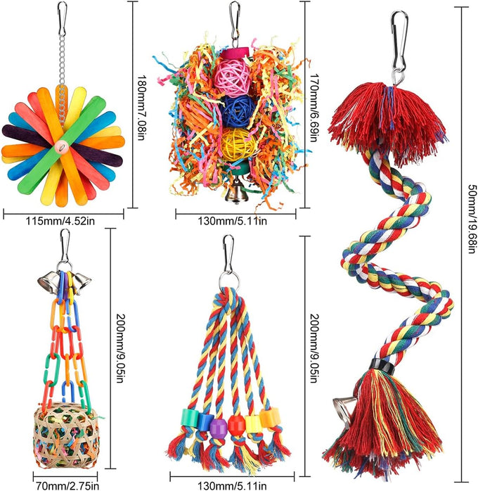 Colorful parrot toys set with bell, rope perch, and foraging toys for Conure, Cockatiel, Budgies, Lovebird