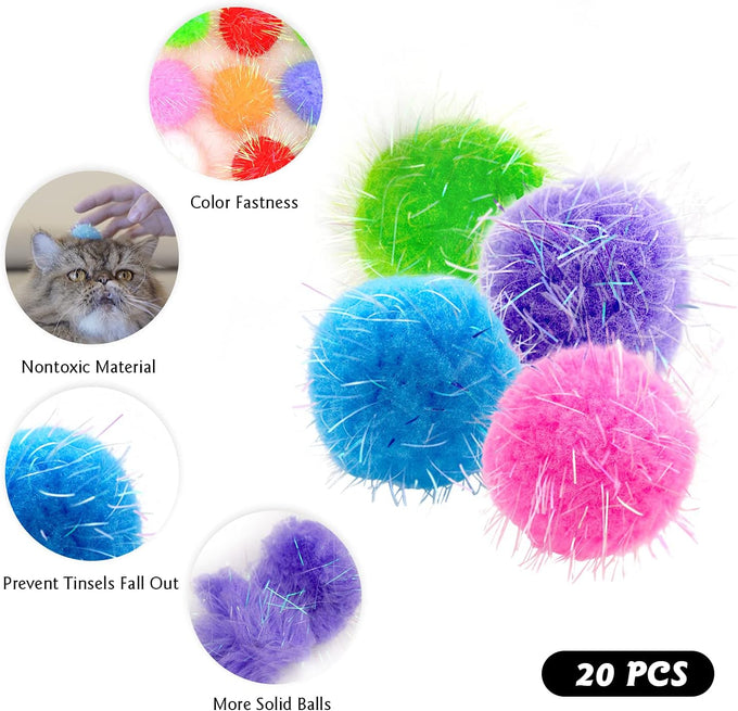 20-pcs cat toys extra-large 1.5inch glitter balls, plush, soft, assorted colors