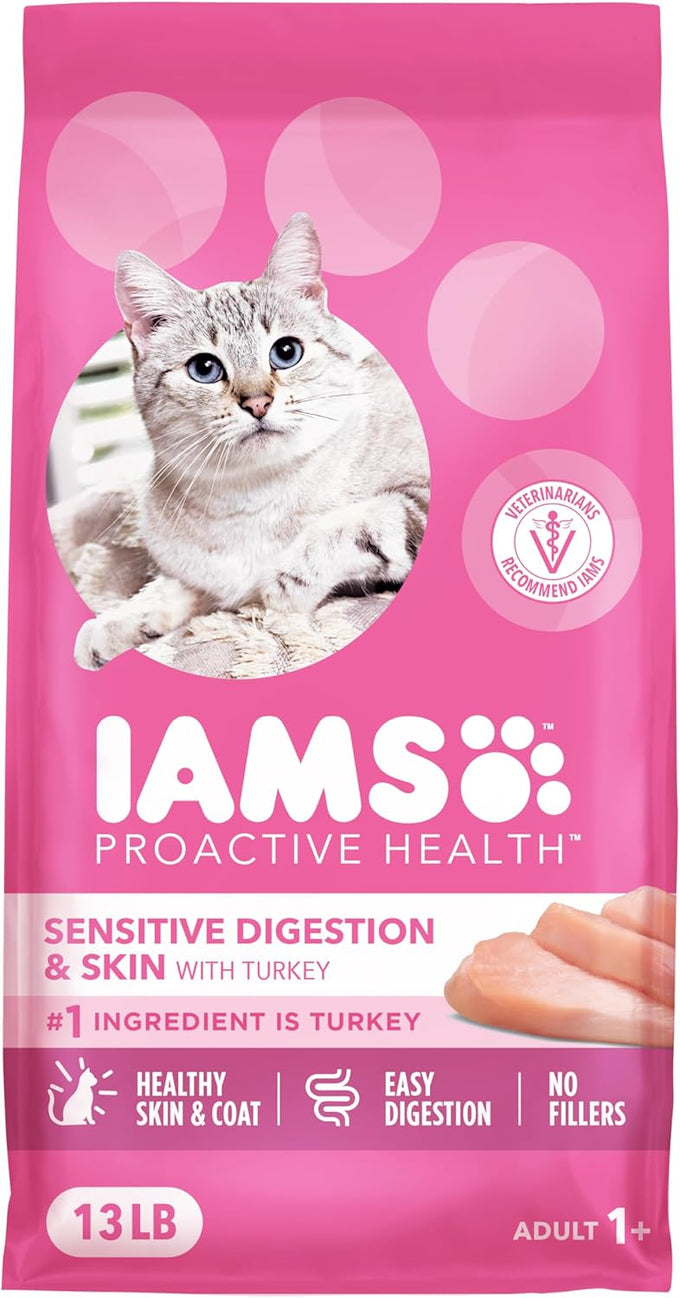 iams proactive health sensitive digestion & skin dry cat food with real turkey 13lb bag for adult cats
