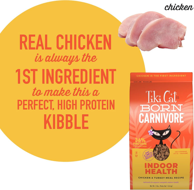 Tiki Cat Born Carnivore high protein indoor chicken and turkey grain-free kibble for cats 3 lb bag