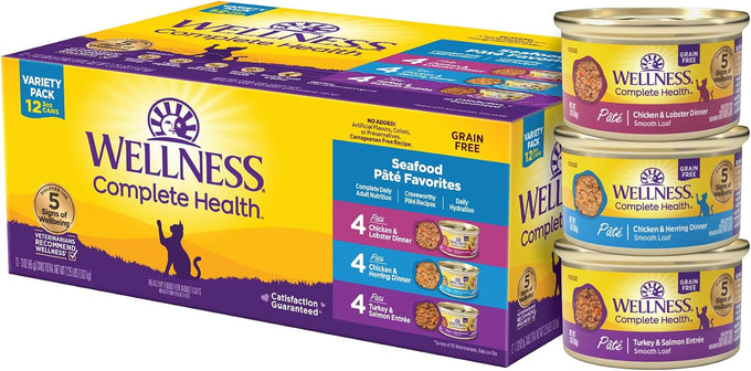 Wellness Complete Health Pate Variety Pack Adult Canned Wet Cat Food, Natural, Protein Rich, Grain Free, Chicken and Turkey Favorites, 3 oz, Pack of 24 Cans