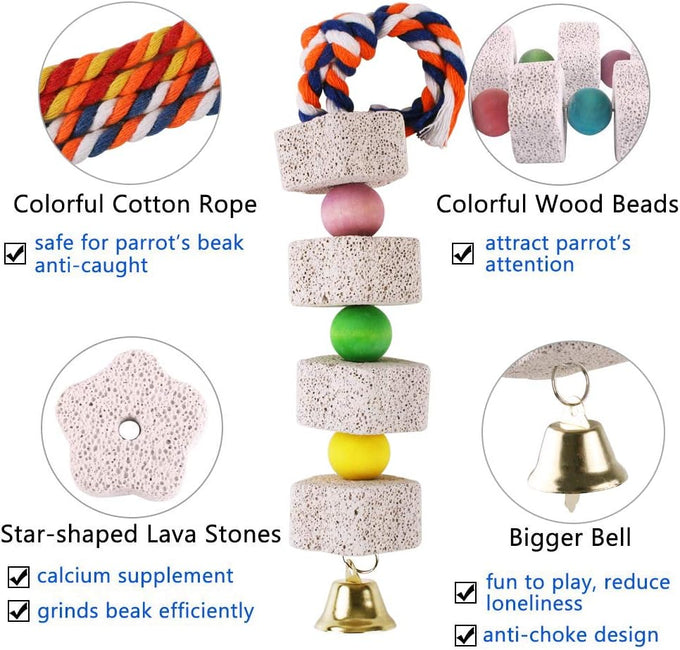 2-pack Unibene star-shaped bird beak grinding stones with lava block calcium supplement, cotton rope, and bell for African Greys, Conure, and small animals