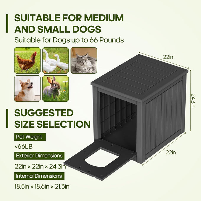 DRATO resin material dog house, multi-functional pet house for small to medium dog, black, medium size
