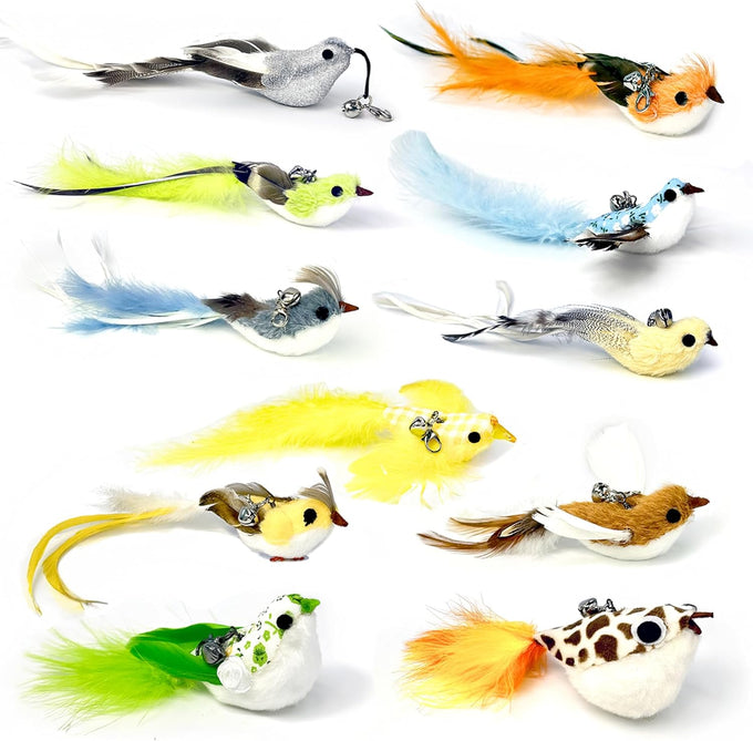 Realistic handcrafted 11 birds cat toy refills with bell, clips for wand attachments, indoor cat entertainment